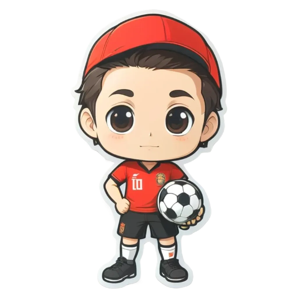 A boy wearing a red soccer jersey is holding a soccer ball.