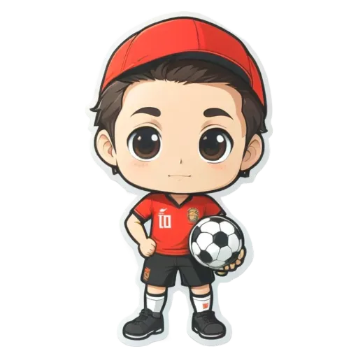 A boy wearing a red soccer jersey is holding a soccer ball.