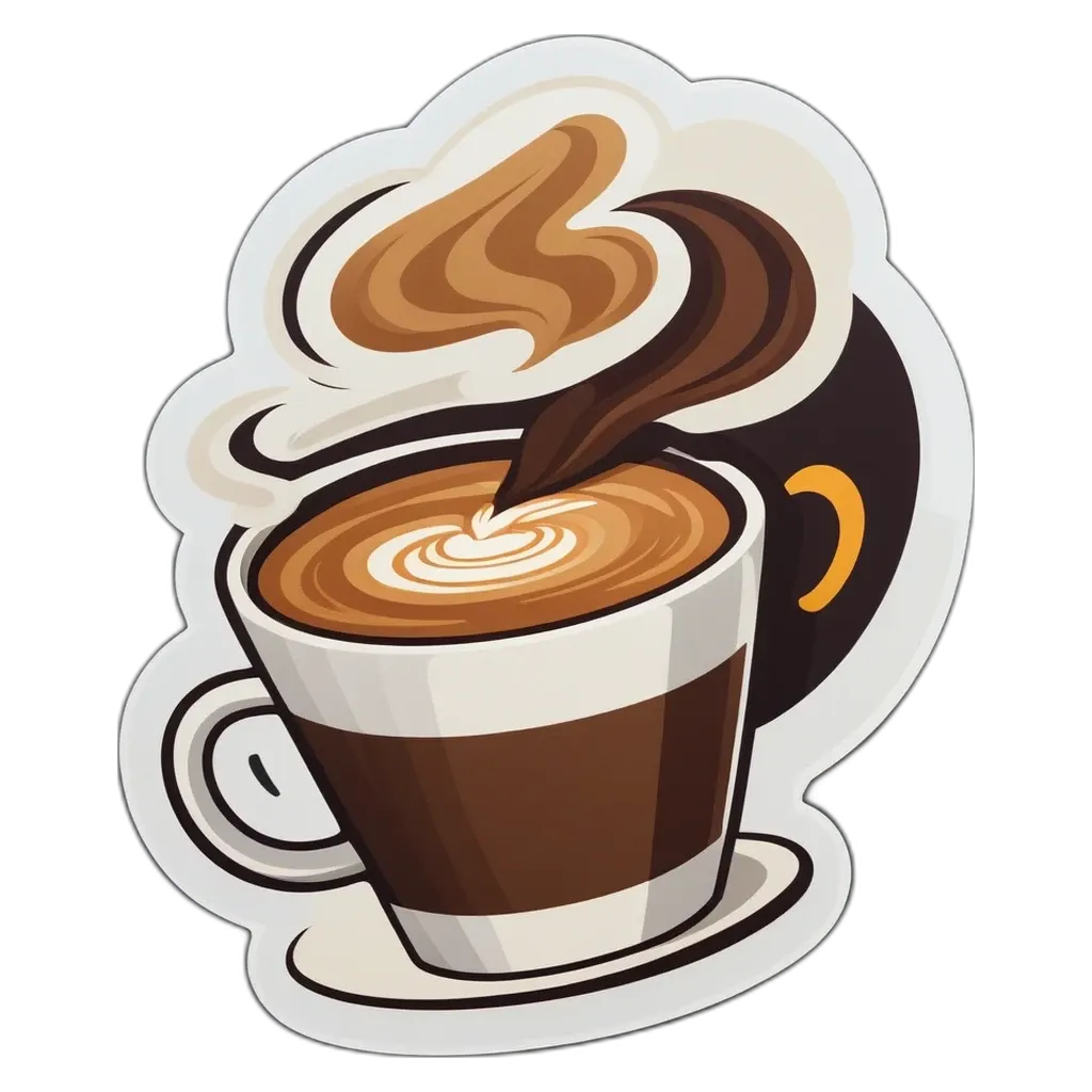 A coffee drink with a frothy top is in a white and brown cup.