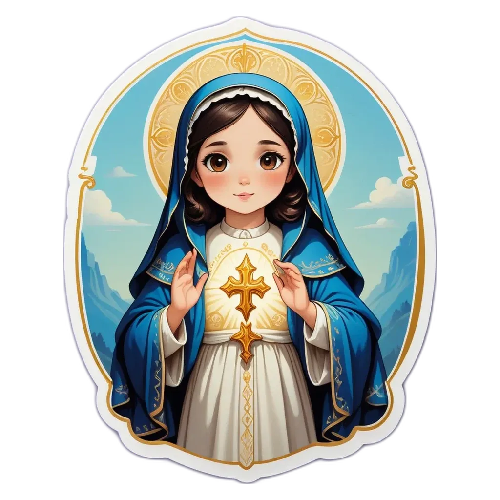 A cartoon depiction of a young girl holding a cross.