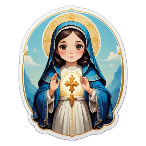 A cartoon depiction of a young girl holding a cross.