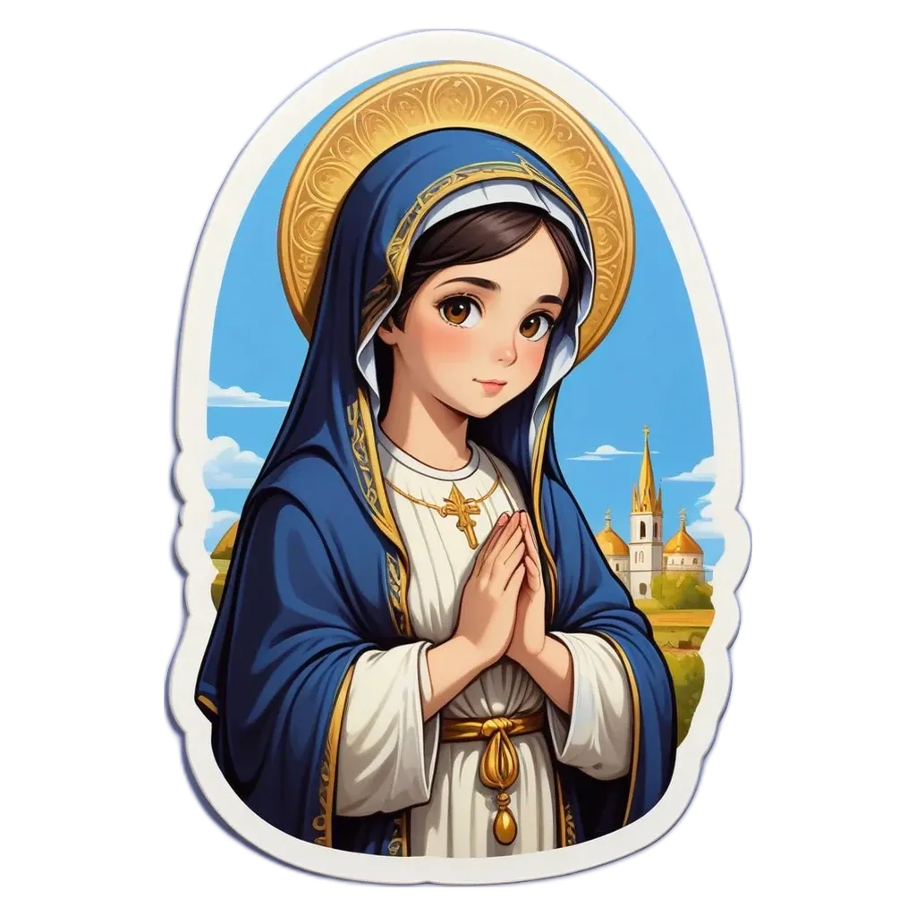 A sticker of a woman praying that is blue and white.