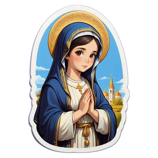 A sticker of a woman praying that is blue and white.