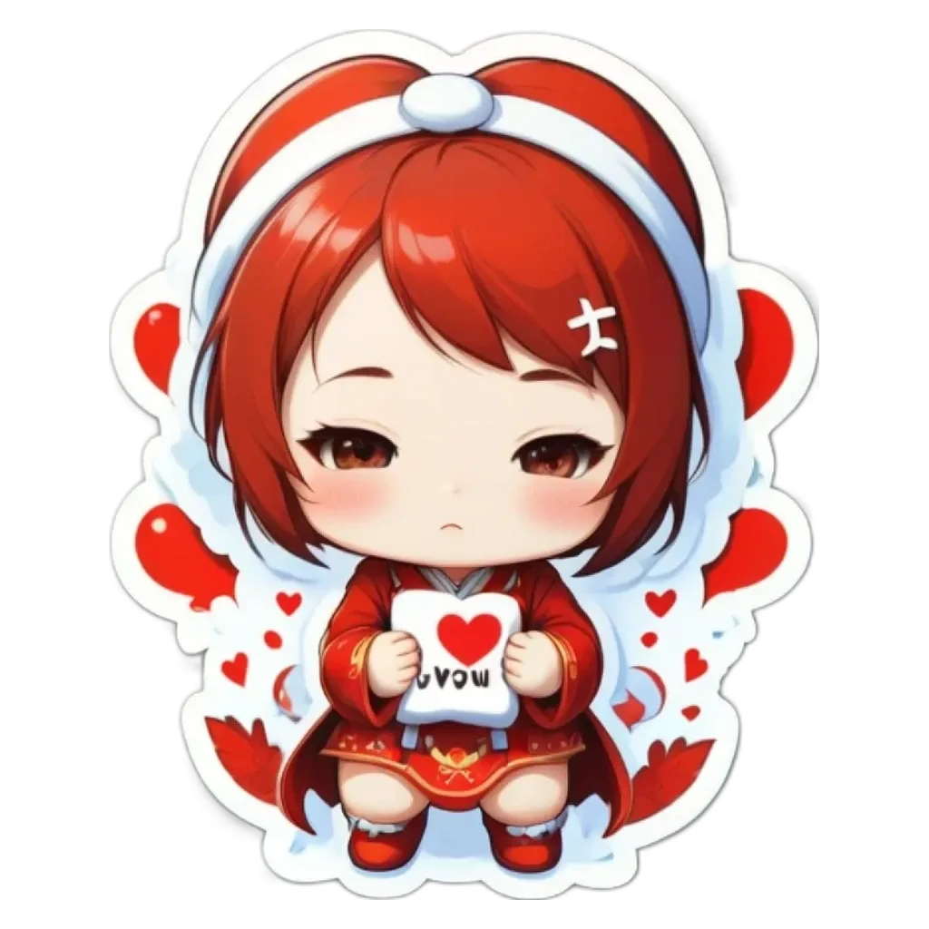 A girl wearing a red dress holding a white heart in her right hand.
