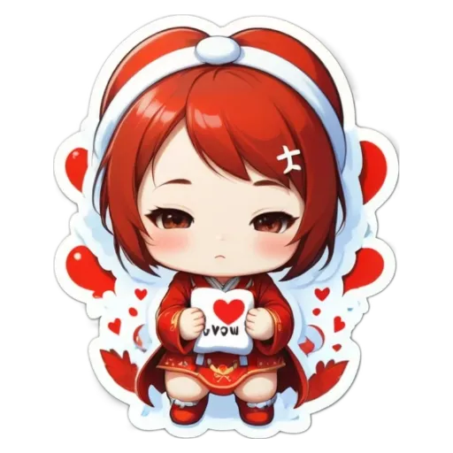 A girl wearing a red dress holding a white heart in her right hand.