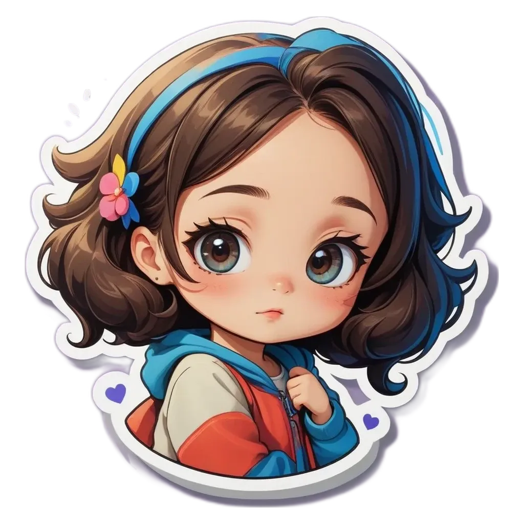 A girl with a flower in her hair is looking down.
