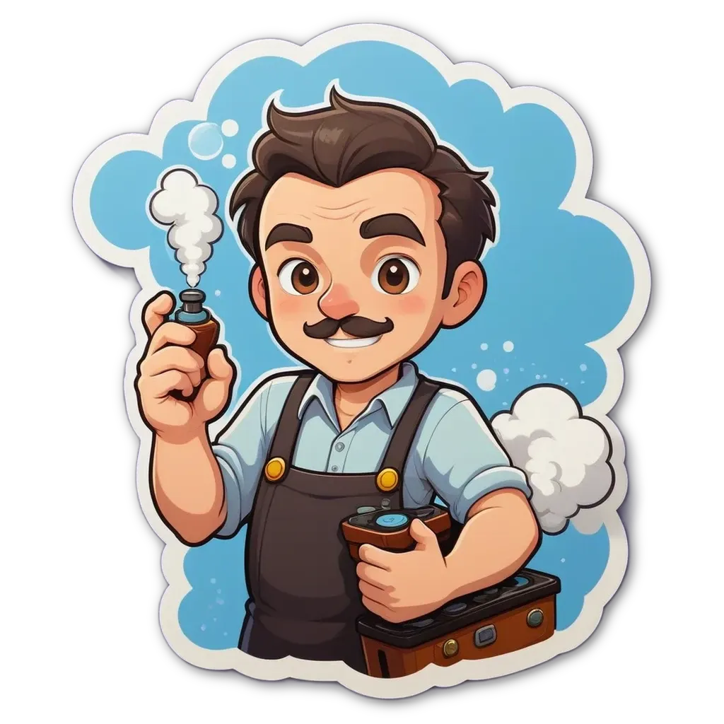 A cartoon drawing of a man with a mustache holding a suitcase.
