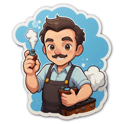 A cartoon drawing of a man with a mustache holding a suitcase.