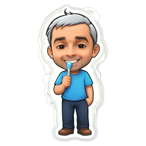 A sticker of a man brushing his teeth.