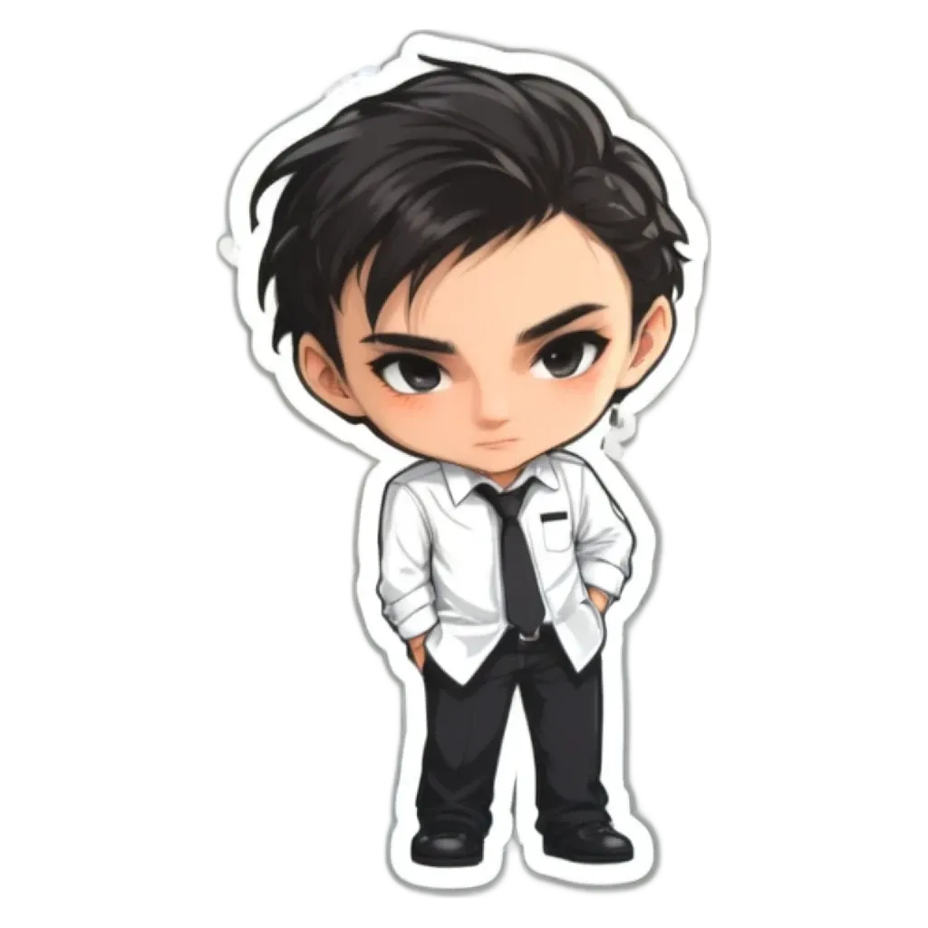 A boy wearing a white shirt and black tie is standing up.