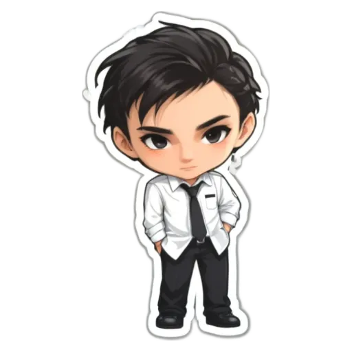 A boy wearing a white shirt and black tie is standing up.
