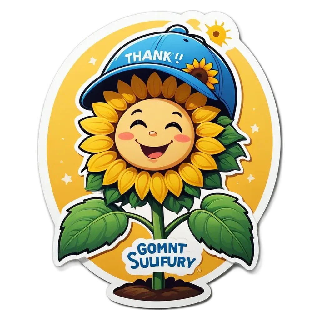 A sticker of a sunflower with a "Thanks" message on the top.