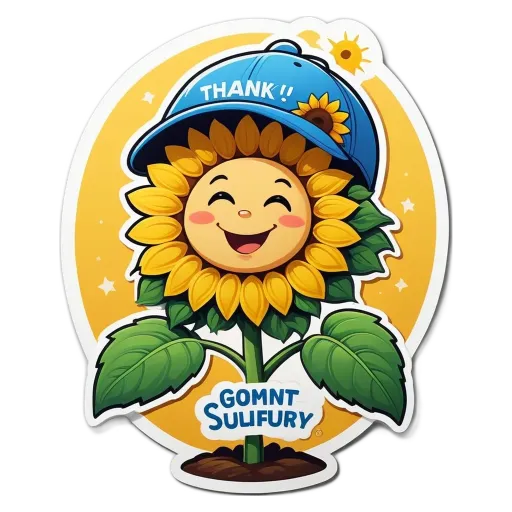 A sticker of a sunflower with a "Thanks" message on the top.