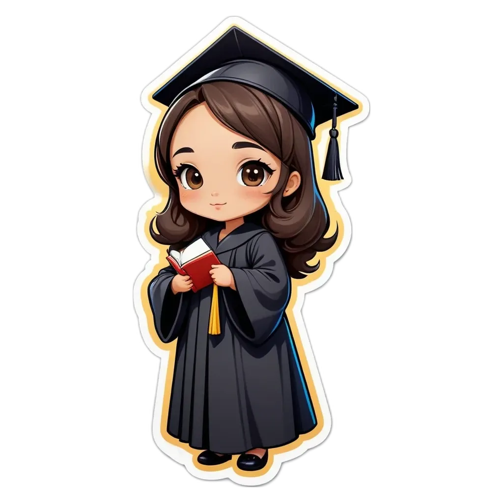 A cartoon girl holding a red book in a graduation picture.