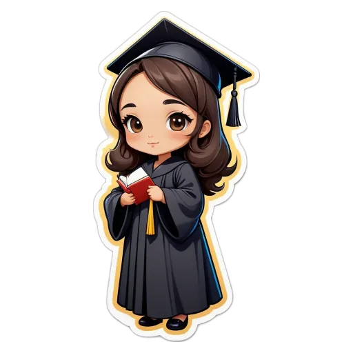 A cartoon girl holding a red book in a graduation picture.