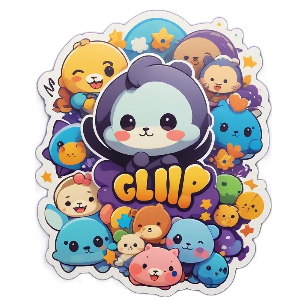 A sticker of a clip with lots of other cartoon characters.