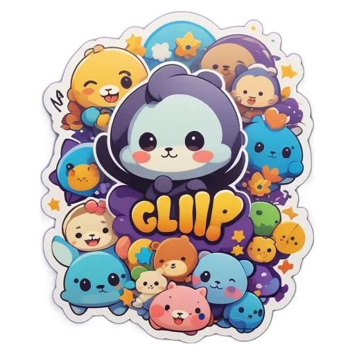 A sticker of a clip with lots of other cartoon characters.