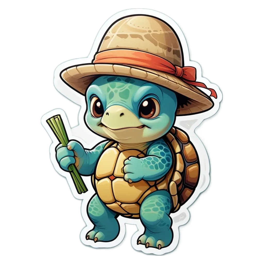 A cartoon turtle wearing a hat and holding celery with his mouth.