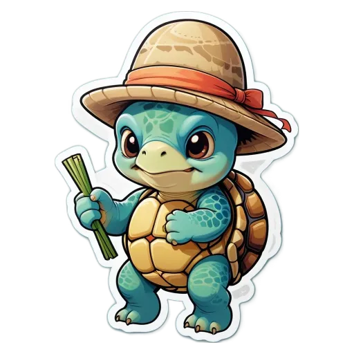 A cartoon turtle wearing a hat and holding celery with his mouth.