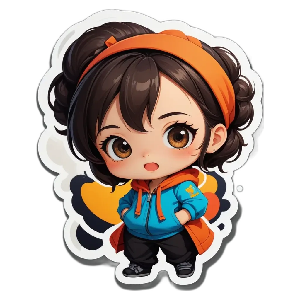 A girl wearing a blue jacket and orange bandana.