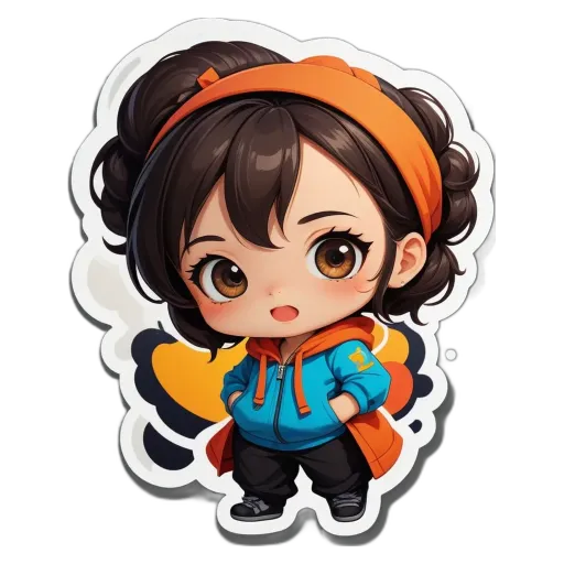 A girl wearing a blue jacket and orange bandana.