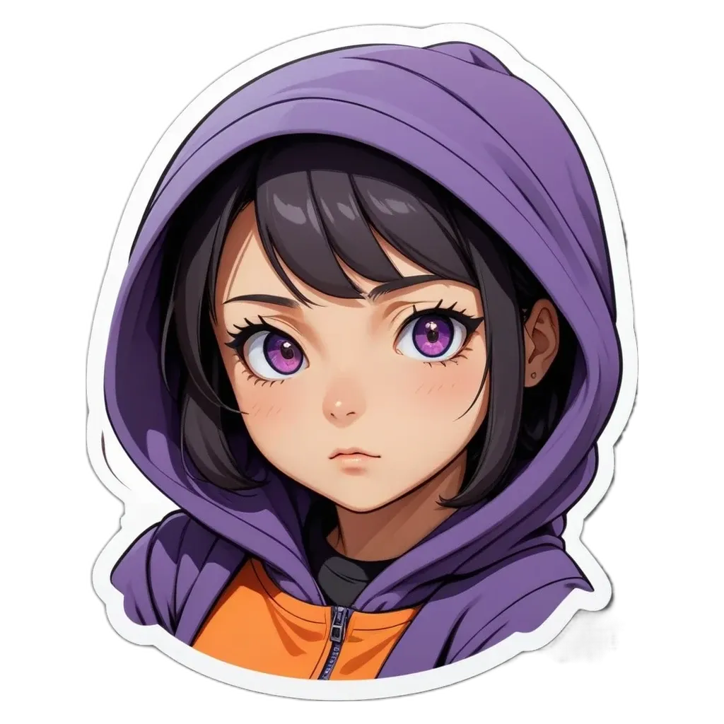 A girl with a purple hoodie looking down with her eyes wide.