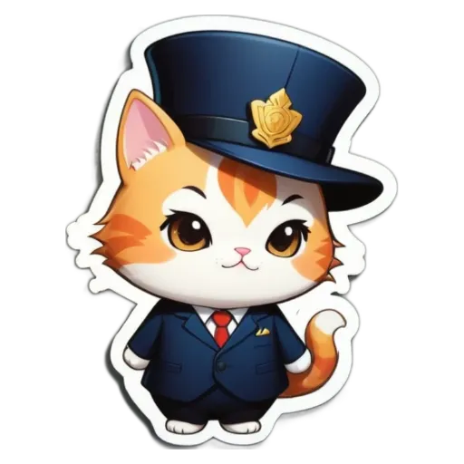 A cat in a hat with a tie and a police uniform.