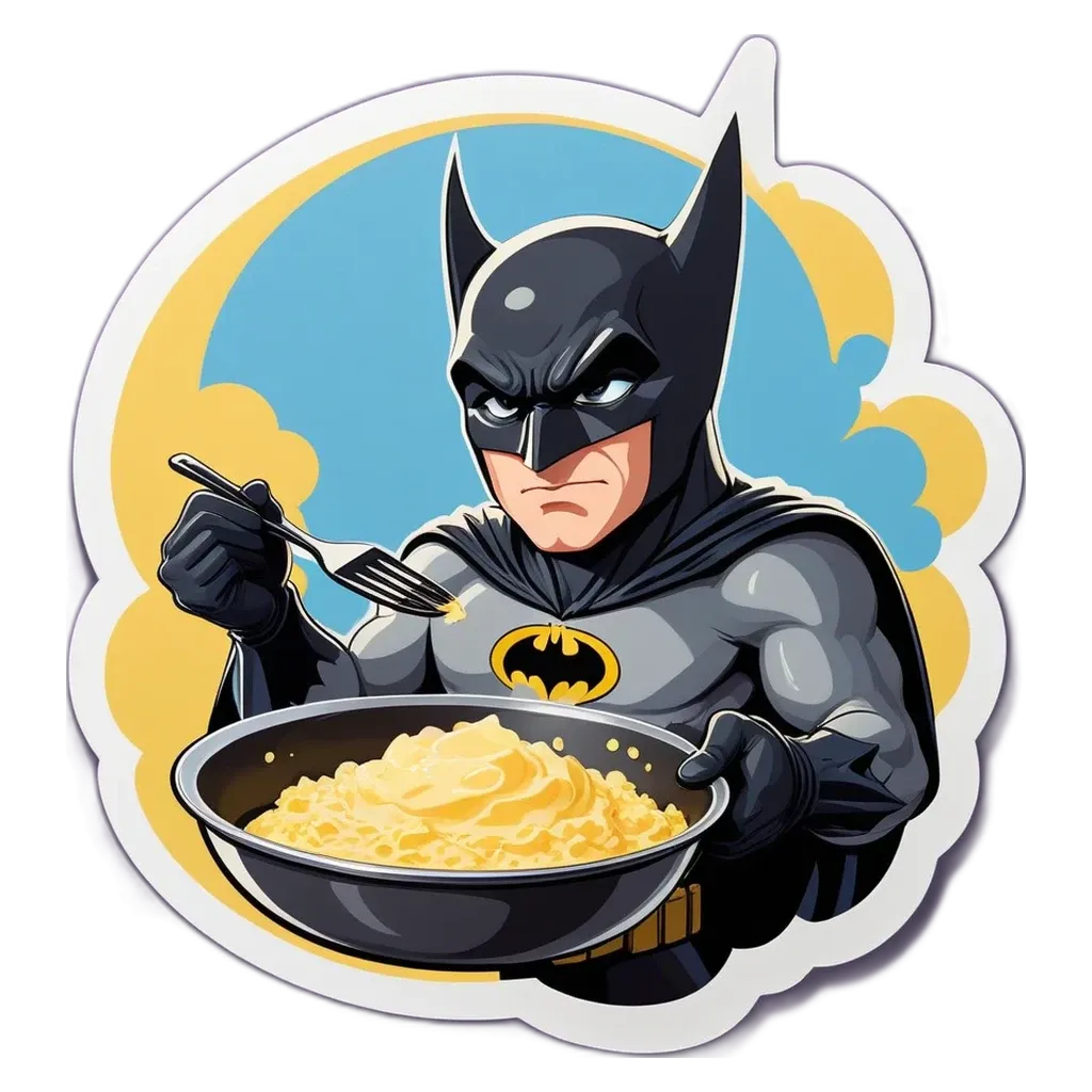 A cartoon image of Batman eating noodles with a fork.