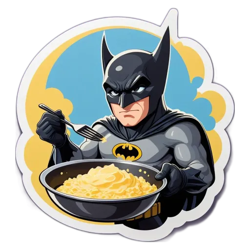 A cartoon image of Batman eating noodles with a fork.