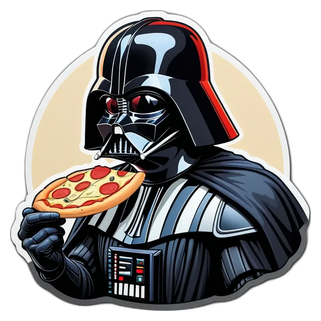 A drawing of a darth vader eating pizza.