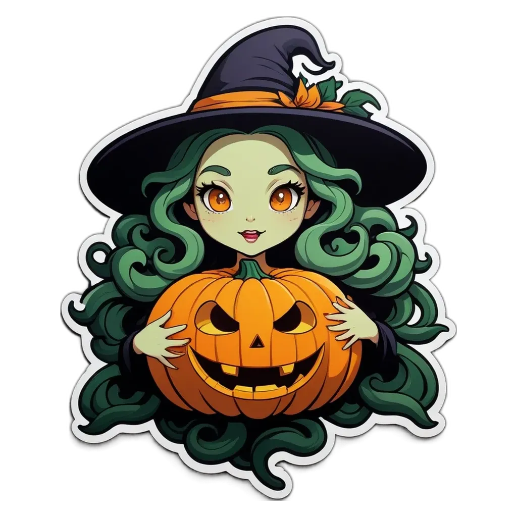 A cartoon image of a girl with a pumpkin.