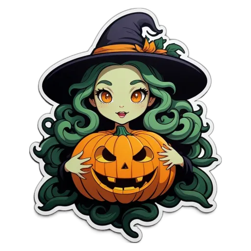A cartoon image of a girl with a pumpkin.