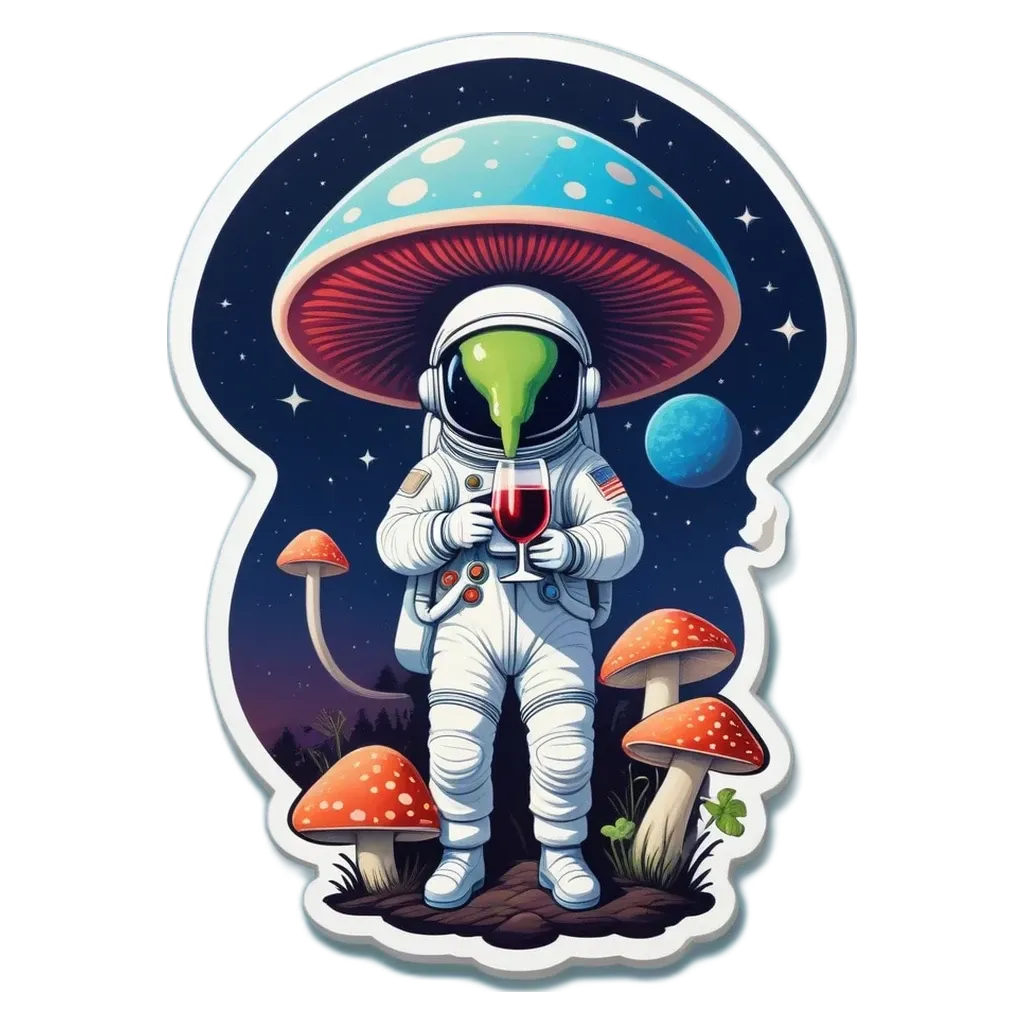 A space theme with a mushroom astronaut holding a glass of wine.