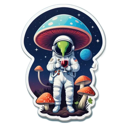 A space theme with a mushroom astronaut holding a glass of wine.