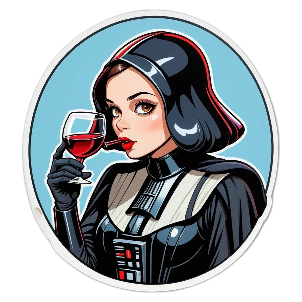 A woman drinking from a glass in a Star Wars themed sticker.