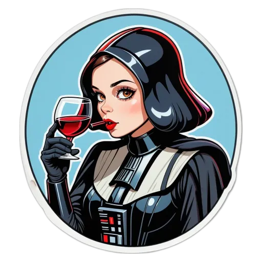 A woman drinking from a glass in a Star Wars themed sticker.