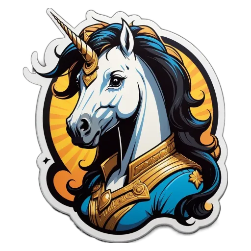 A unicorn with a golden crown and blue mane.