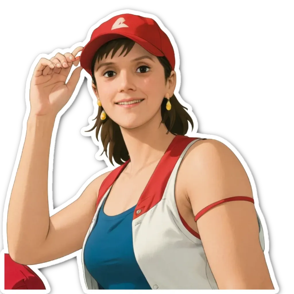 A woman wearing a red baseball cap is shown with her hand on her cheek.