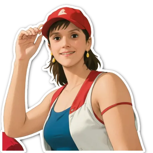 A woman wearing a red baseball cap is shown with her hand on her cheek.