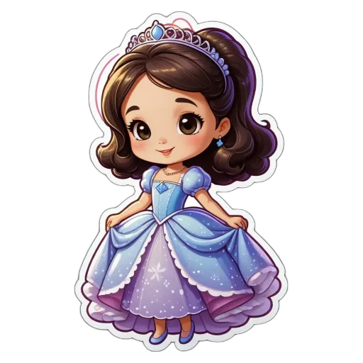 A cartoon girl wearing a blue dress with a crown on her head.