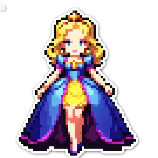 A girl is depicted in a blue princess dress with yellow accents.