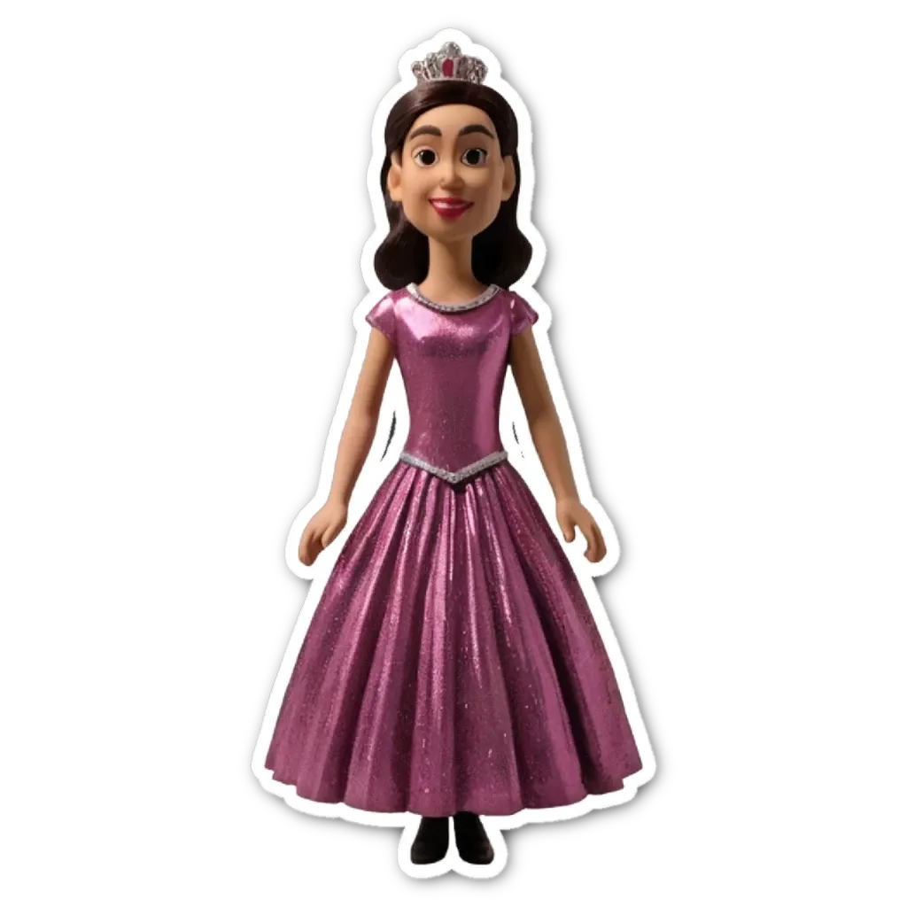 A pink toy doll wearing a tiara is standing on a black background.