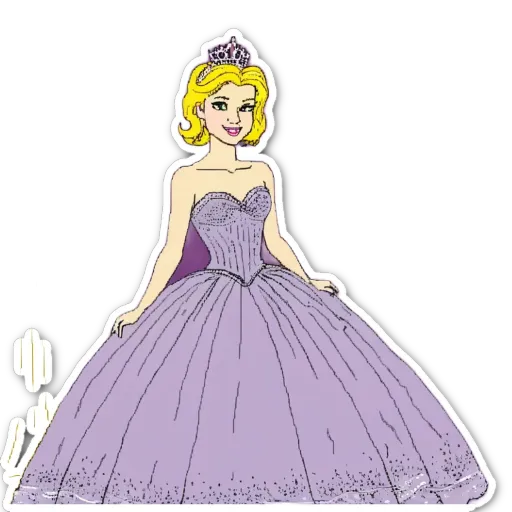 A cartoon drawing of a girl in a purple dress.