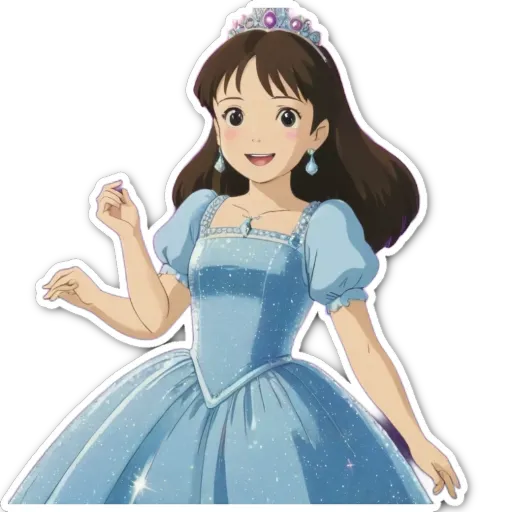 A girl in a blue dress with her hand in the air.