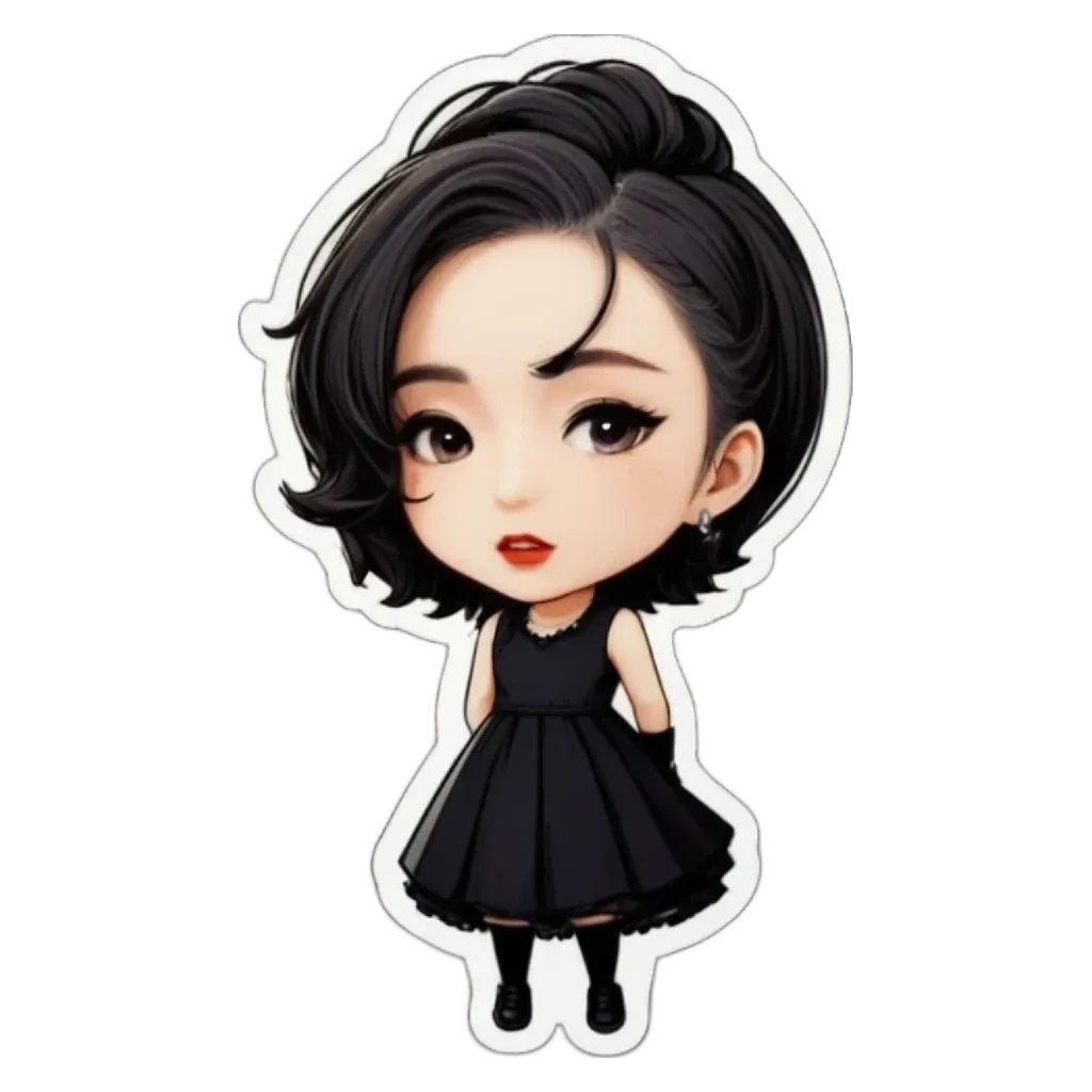 A girl is wearing a black dress and red lipstick.