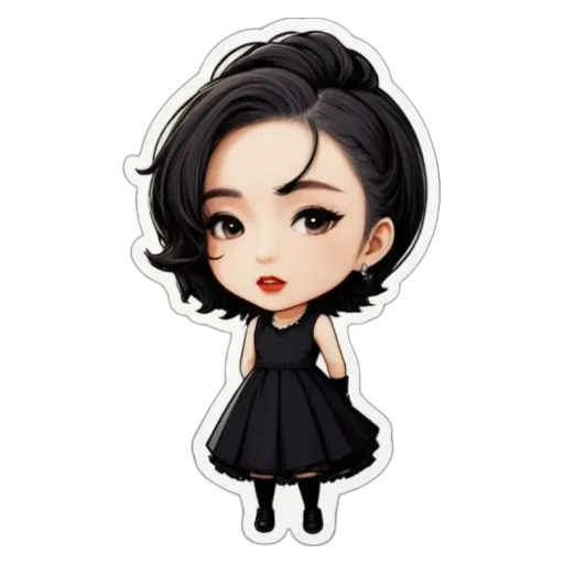 A girl is wearing a black dress and red lipstick.