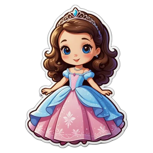 A cartoon drawing of a little girl wearing a blue and pink ballerina dress.