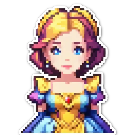 A girl with blue and gold hair in a princess dress.