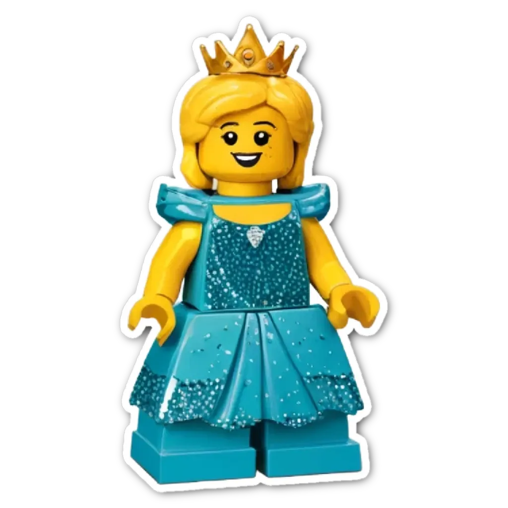 A lego girl with a crown is standing on a black background.