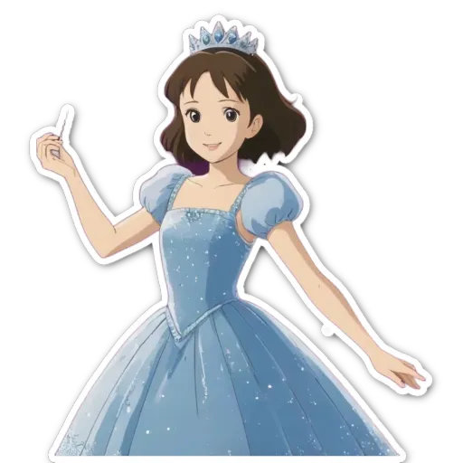 A cartoon drawing of a girl in a blue dress with a crown.